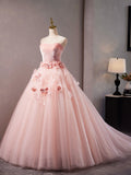 Pink Velvet and Tulle Long A-Line Prom Dress, Beautiful Strapless Evening Dress with Flowers HZ0429