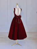 Burgundy Tea Length Velvet Prom Dress with Bowknot,  Burgundy Evening Party Dress HZ0429
