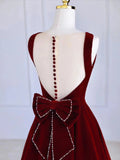 Burgundy Tea Length Velvet Prom Dress with Bowknot,  Burgundy Evening Party Dress HZ0429