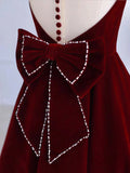 Burgundy Tea Length Velvet Prom Dress with Bowknot,  Burgundy Evening Party Dress HZ0429