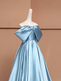 Blue Satin Floor Length Prom Dress, Off the Shoulder Evening Party Dress HZ0429