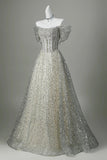 Off-the-Shoulder Silver Sequin Ball Gown with Beaded Corset HZ0429