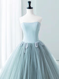 Blue Satin Tulle Long Prom Dress, Lovely Strapless Evening Dress HZ0429