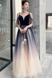 Blue Ombre Tulle V-Neck Long Party Dress, A-line Prom Dress HZ0429