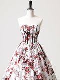 White Printed Pattern Long Party Dress, A-Line Strapless Evening Prom Dress HZ0429