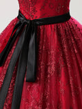 Burgundy Tulle Sequins Floor Length Formal Gown, Elegant A-Line Evening Party Dress HZ0429