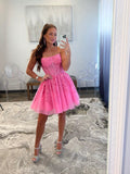 Pink Strapless Tulle Lace Knee Length Prom Dress, Cute A-Line Homecoming Party Dress HZ0429