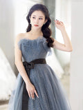 Gray Blue Tulle Long Prom Dress, Beautiful A-Line Strapless Evening Dress HZ0429