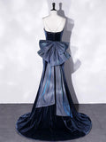 Blue Velvet Spaghetti Strap Long Prom Dress, Mermaid Bow Evening Party Dress HZ0429