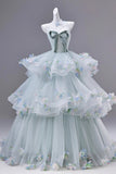 Enchanting Mint Green Floral Tulle Prom Dress with Tiered Skirt HZ0429