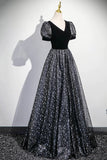 Black Velvet Tulle Long Prom Dress, A-Line Short Sleeve Evening Party Dress HZ0429