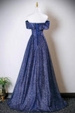 Blue Sequins Tulle Long Prom Dres, Elegant A-Line Off the Shoulder Party Dress HZ0429