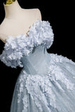 Gray Blue Tulle Flowers Long Prom Dress, A-Line Off the Shoulder Party Dress HZ0429