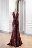 Burgundy Sequins Long Prom Dress, Mermaid V-Neck Evening Party Dress HZ0429