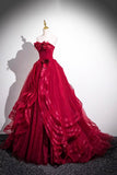 Burgundy Layer Tulle Layer Long Prom Dress, A-Line Strapless Evening Party Dress HZ0429