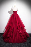 Burgundy Layer Tulle Layer Long Prom Dress, A-Line Strapless Evening Party Dress HZ0429