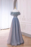 Blue Tulle Long Prom Dress, Beautiful Off the Shoulder Evening Party Dress HZ0429