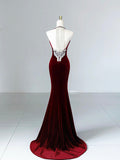 Elegant Burgundy Velvet Long Prom Dress, Mermaid Backless Party Evening Dress HZ0429