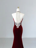 Elegant Burgundy Velvet Long Prom Dress, Mermaid Backless Party Evening Dress HZ0429