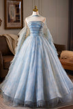 Blue Printed Pattern Tulle Long Prom Dress, Blue A-Line Evening Party Dress with Cape HZ0429