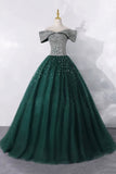 Green Tulle Beads Long Prom Dress, Green A-Line Off the Shoulder Party Dress HZ0429