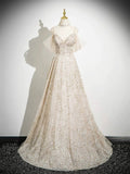 Champagne Tulle Sequins Floor Length Prom Dress, A-Line Spaghetti Strap Party Dress HZ0429