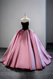 Black Velvet and Pink Satin Long Prom Dress, A-Line Strapless Evening Party Dress HZ0429