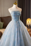 Blue Printed Pattern Tulle Long Prom Dress, Blue A-Line Evening Party Dress with Cape HZ0429