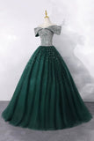 Green Tulle Beads Long Prom Dress, Green A-Line Off the Shoulder Party Dress HZ0429