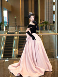 Black Velvet and Pink Satin Long Prom Dress, Beautiful A-Line Off the Shoulder Party Dress HZ0429