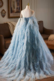 Blue Printed Pattern Tulle Long Prom Dress, Blue A-Line Evening Party Dress with Cape HZ0429