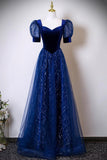 Blue Velvet and Tulle Sequins Long Prom Dress, Blue Evening Party Dress HZ0429