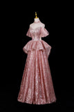 Dusty Pink Off-the-Shoulder Sequin Prom Dress with Ruffled Peplum HZ0429