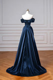 Navy Satin Long Prom Dress, Elegant Off the Shoulder Party Dress HZ0429