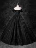 Black Sparkly Tulle Off the Shoulder Long Formal Dress, Elegant A-Line Black Evening Party Dress HZ0429