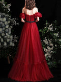 Burgundy Strapless Tulle Long Prom Dress, Burgundy A-Line Evening Party Dress HZ0429