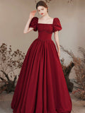 Burgundy Satin Formal Evening Gown with Puff Sleeve, A-Line Long Prom Dress HZ0429