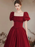 Burgundy Satin Formal Evening Gown with Puff Sleeve, A-Line Long Prom Dress HZ0429