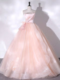 Pink Strapless Tulle Long Formal Dress, Pink A-line Prom Dress with Feathers HZ0429