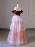 Burgundy Velvet and Layers Tulle Long Prom Dress, Off the Shoulder A-Line Evening Party Dress HZ0429