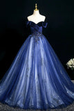 Blue Velvet and Tulle Long Formal Dress, Beautiful Off the Shoulder Prom Party Dress HZ0429