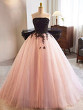 Black and Pink Tulle Lace Long Prom Dress, A-Line Strapless Evening Sweet 16 Dress HZ0429