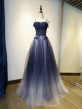 Blue Gradient Tulle Spaghetti Strap Long Party Dress, Beautiful A-line Prom Dress HZ0429