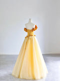 Yellow Tulle Applique Long Prom Dress, Off the Shoulder Sleeveless Backless Long Formal Evening Dress HZ0429
