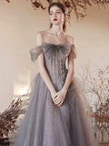 Gray Tulle Beaded Long Prom Dress, Beautiful Off the Shoulder Evening Party Dress HZ0429