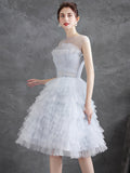 Gray Tulle Round Neck Party Dresses, Lovely Knee-Length Prom Dresses HZ0429