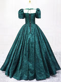 Dark Green Printed Pattern Floor Length Prom Dress, Elegant Off the Shoulder Formal Dress HZ0429