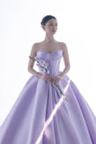 Lilac Satin Beads Long Prom Dress, Beautiful A-Line Strapless Party Dress HZ0429