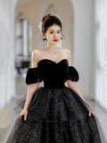 Black Velvet and Tulle Layers Long Formal Dress, Black Sweetheart Neck Evening Party Dress HZ0429