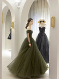 Green Tulle Long A-Line Prom Dress, Off the Shoulder Long Sleeve Tulle Party Dress HZ0429